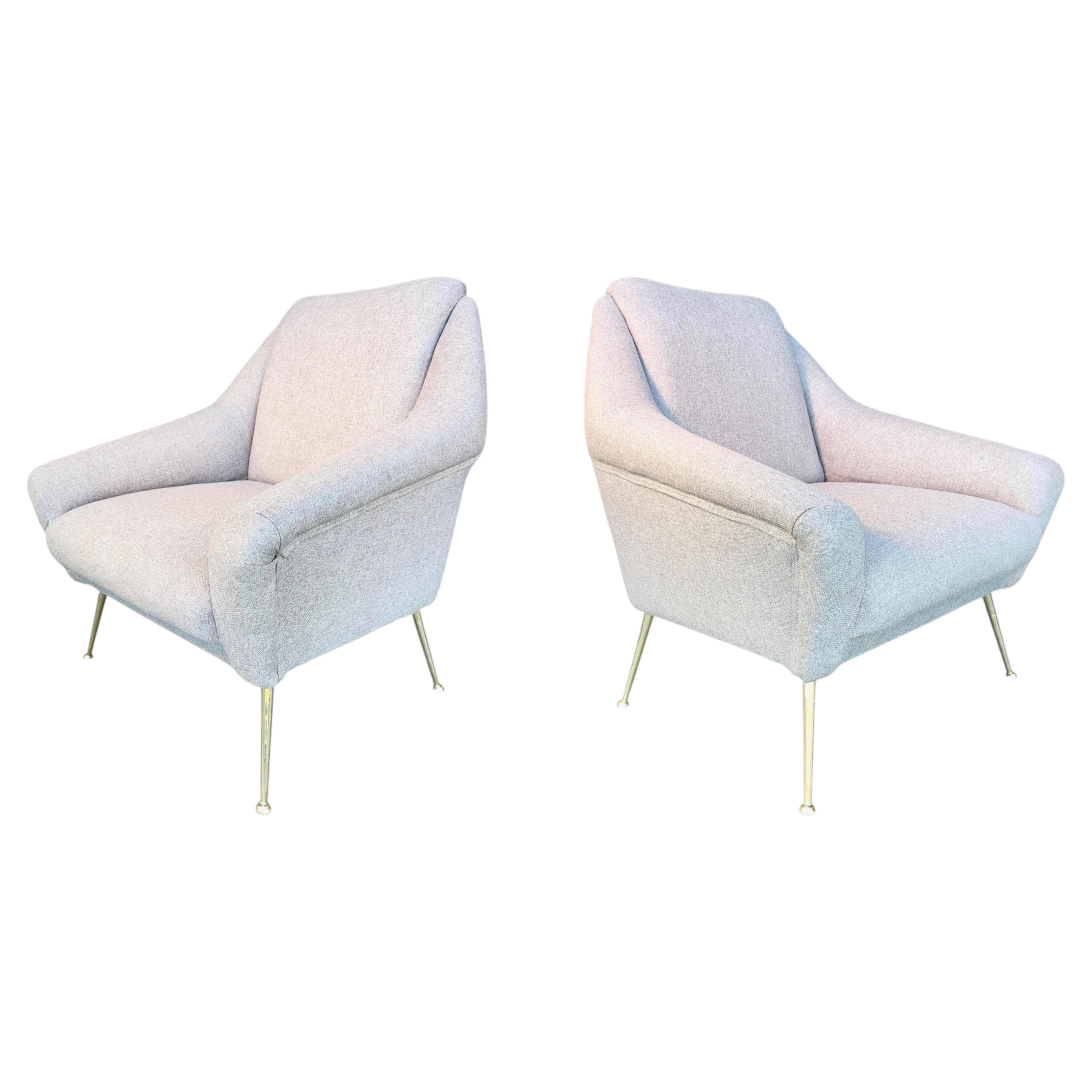 Pair of 1950's Italian Lounge Chairs with Tapered Brass Legs