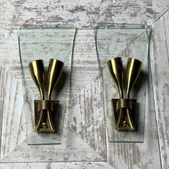 Pair Of 1950S Italian Mid-Century Modern Curved Glass Wall Light Sconces