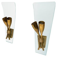 Vintage Pair Of 1950S Italian Mid-Century Modern Curved Glass Wall Light Sconces