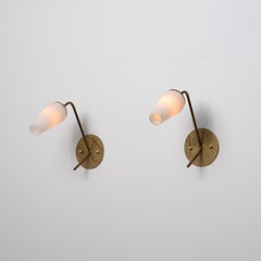 Pair of 1950s Italian Modern Wall Lights in Brass and Opaline Glass