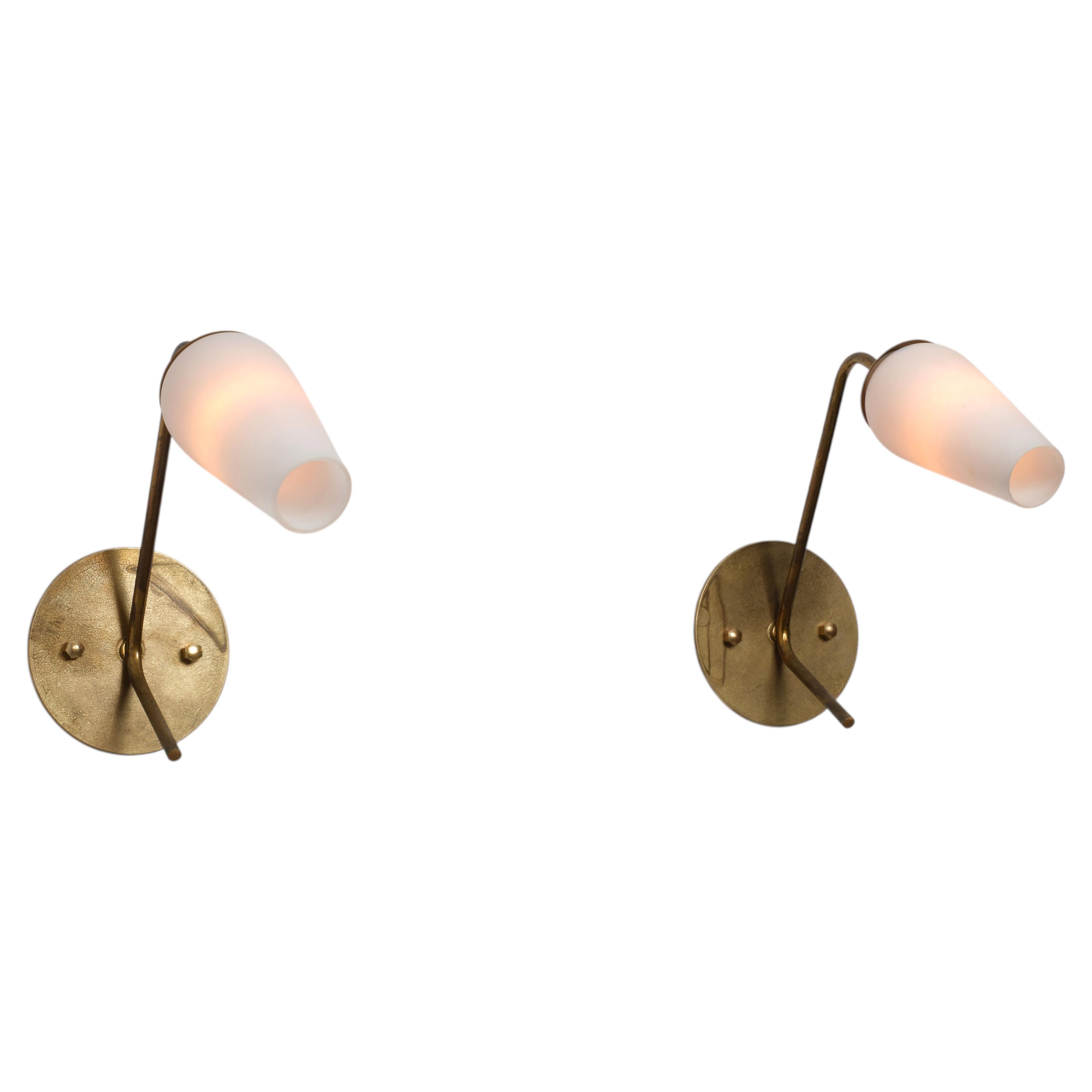 Pair of 1950s Italian Modern Wall Lights in Brass and Opaline Glass