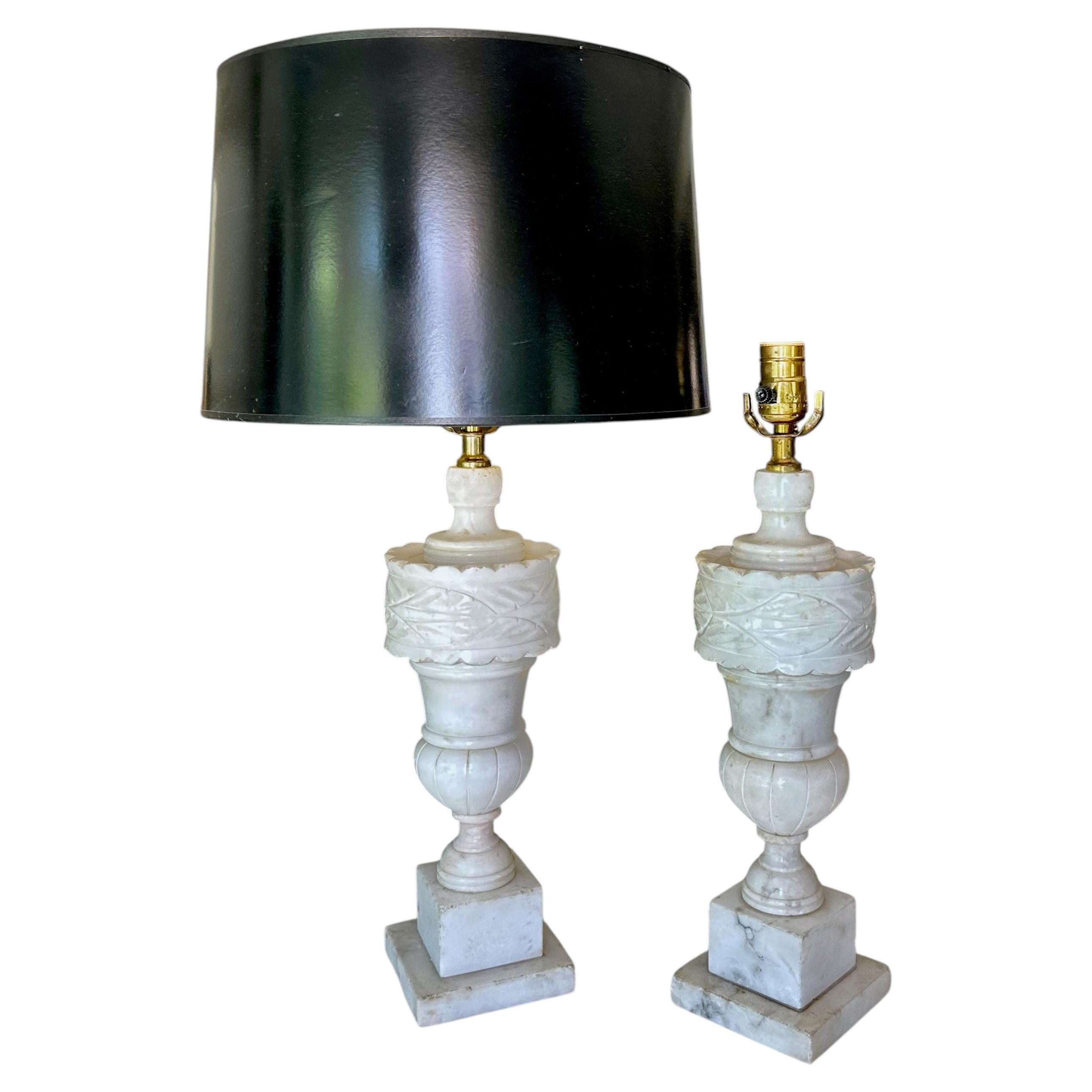 Pair of 1950's Italian Neoclassic Alabaster Table Lamps For Sale