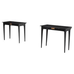 Pair of 1950s Italian Nightstands in Black Shellac Lacquer with Brass Pulls