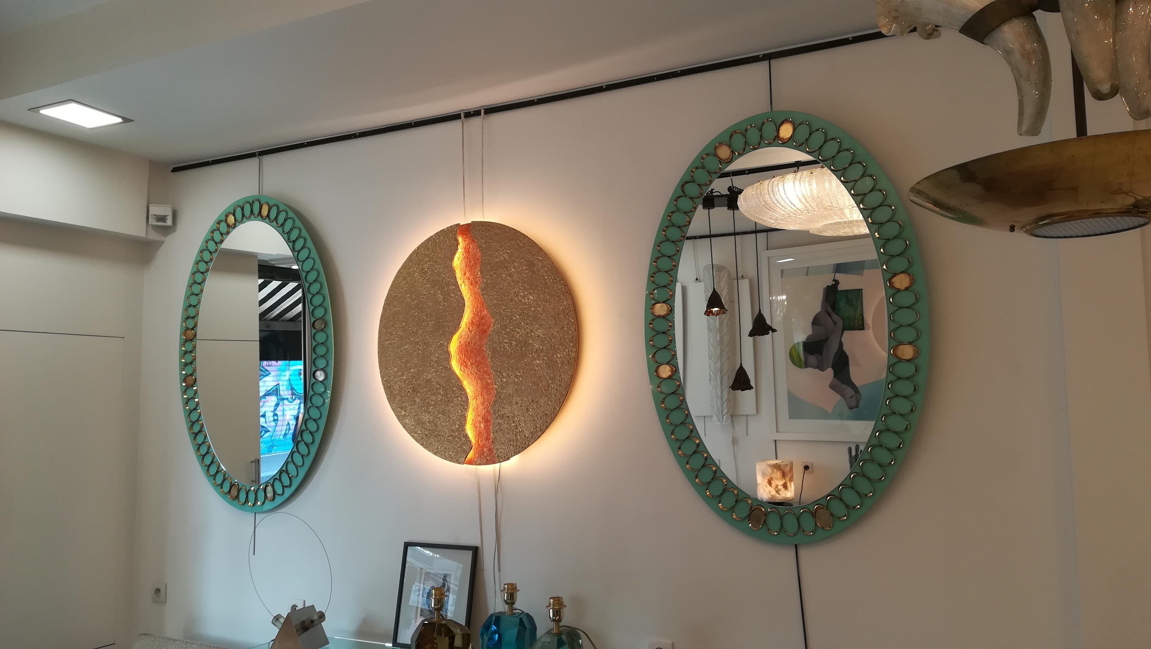 Mid-Century Modern Pair of 1950s Italian Opaline Glass and Brass Mirrors For Sale