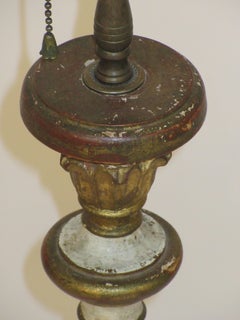 Pair of 1950s Italian Painted Carved Wood  Candlestick Lamps