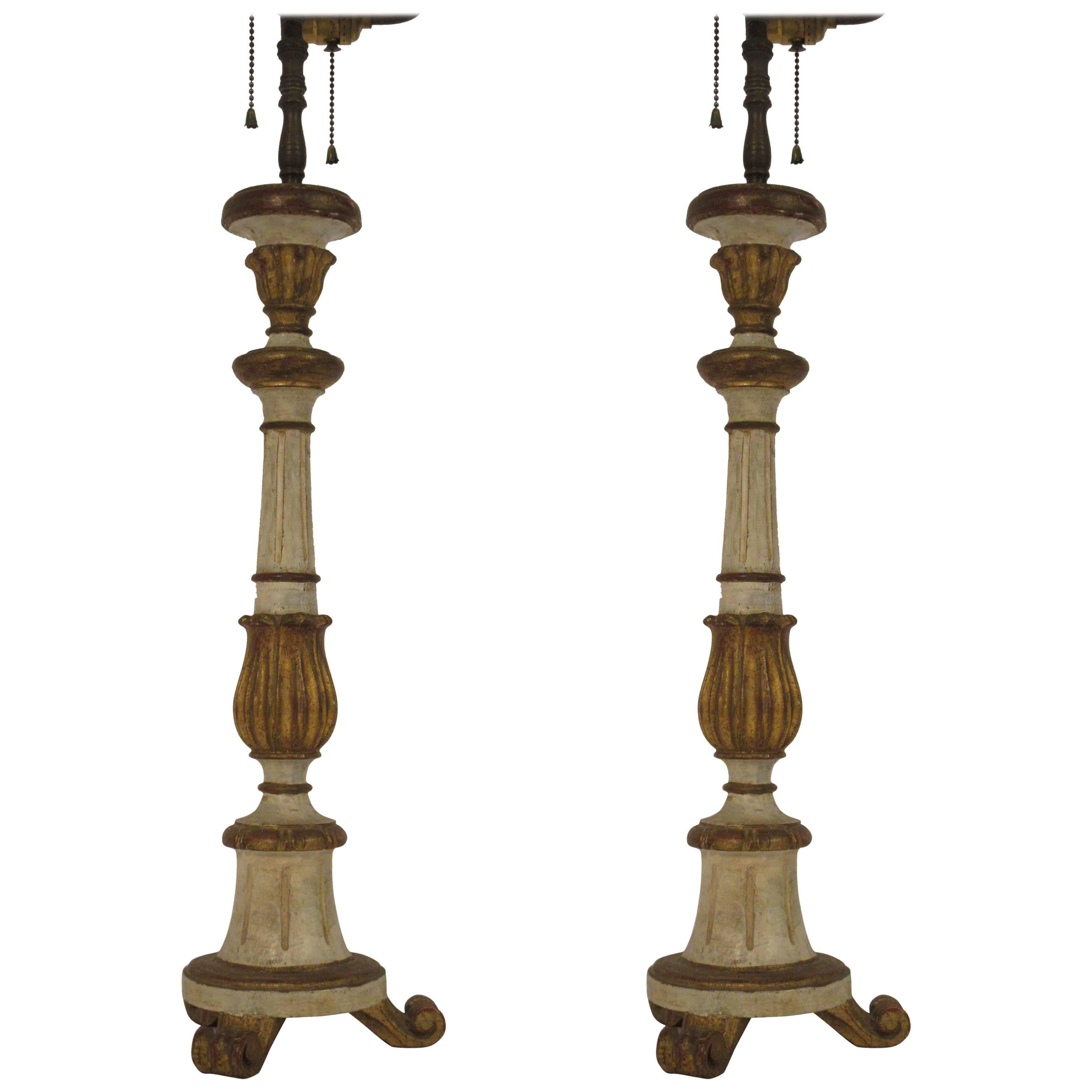 Pair of 1950s Italian Painted Carved Wood  Candlestick Lamps