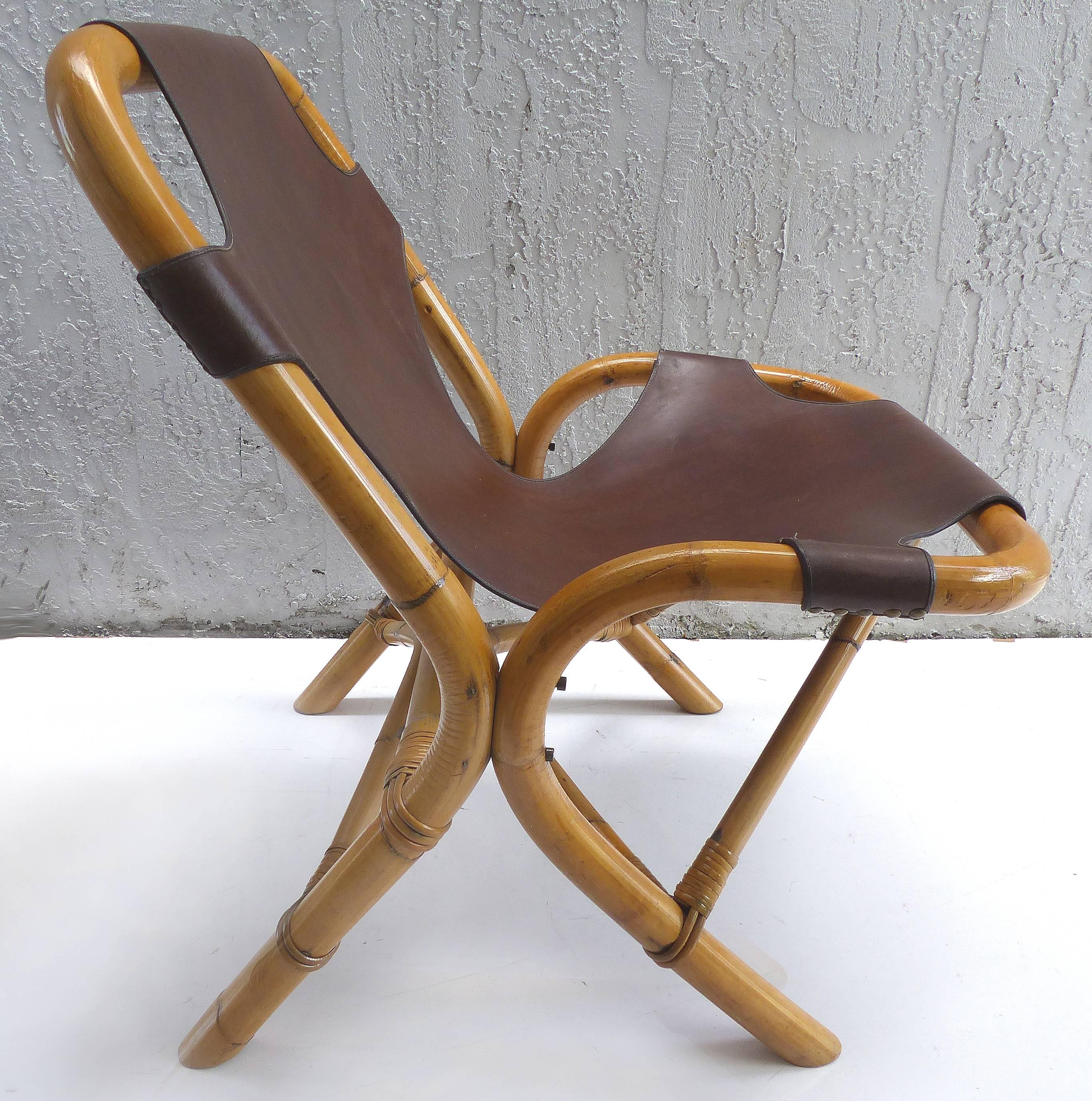 Mid-Century Modern Pair of 1950s Italian Rattan and Leather Chairs by Pierantonio Bonacina