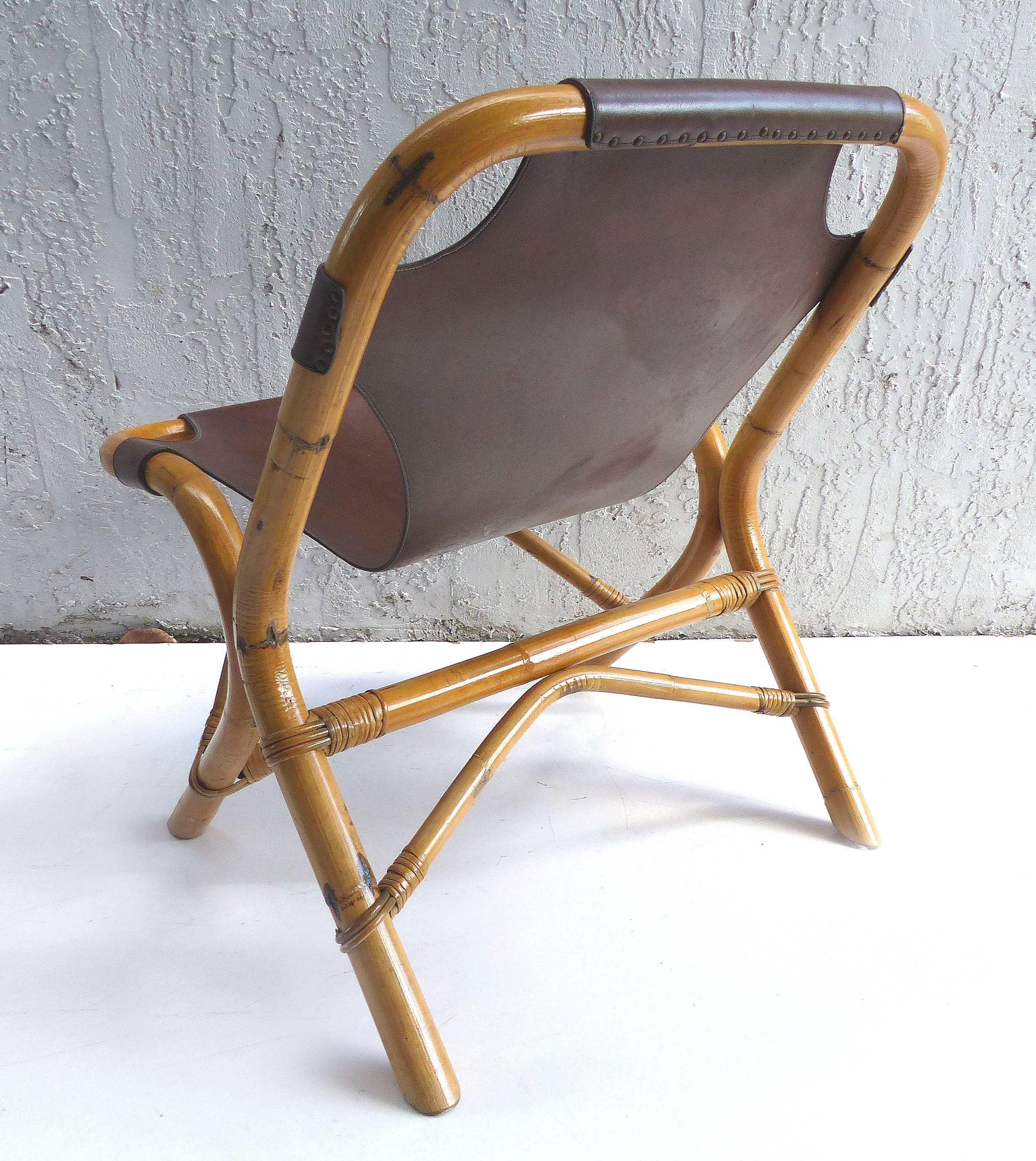 Pair of 1950s Italian Rattan and Leather Chairs by Pierantonio Bonacina In Good Condition In North Miami, FL