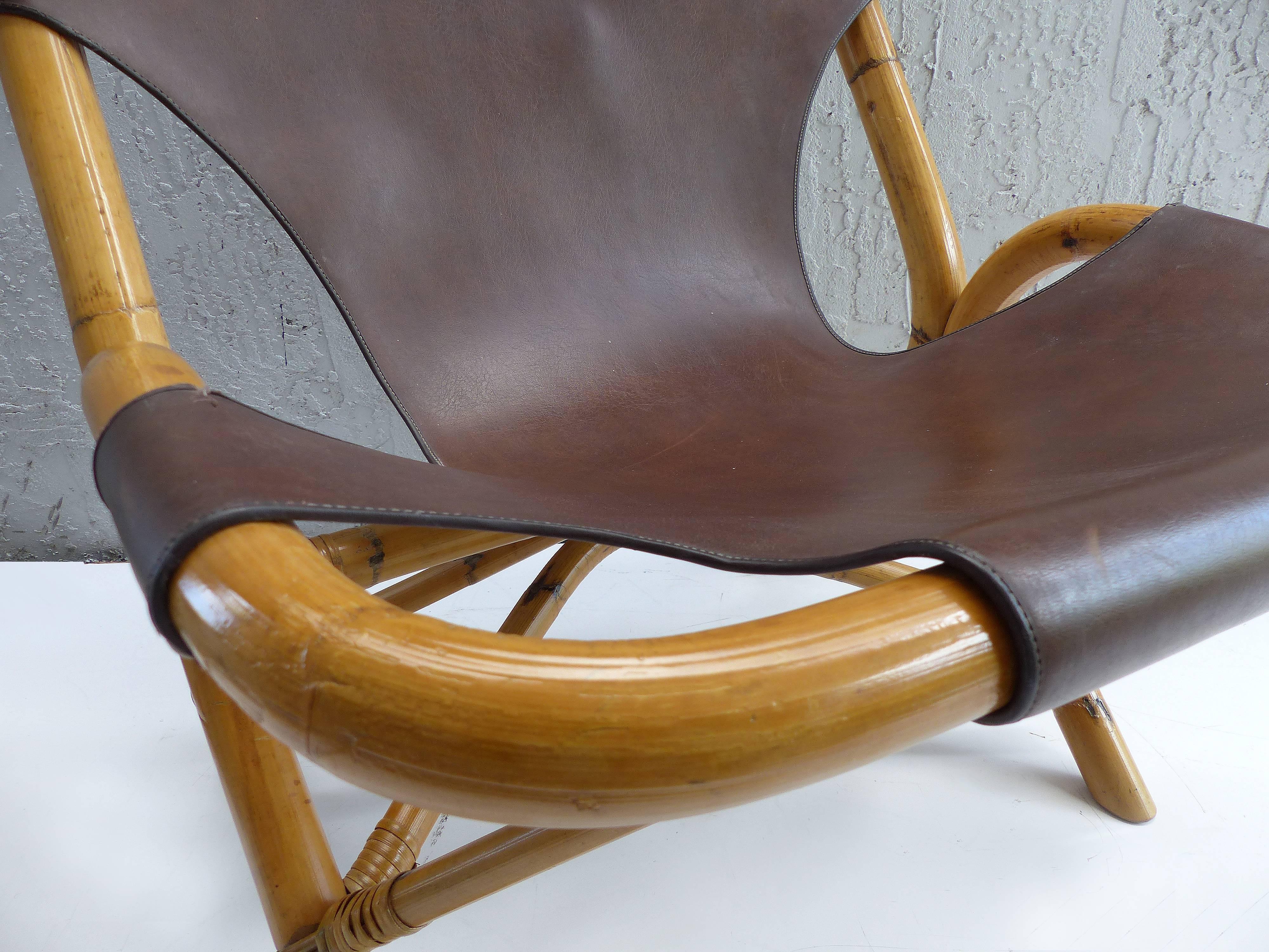 Brass Pair of 1950s Italian Rattan and Leather Chairs by Pierantonio Bonacina
