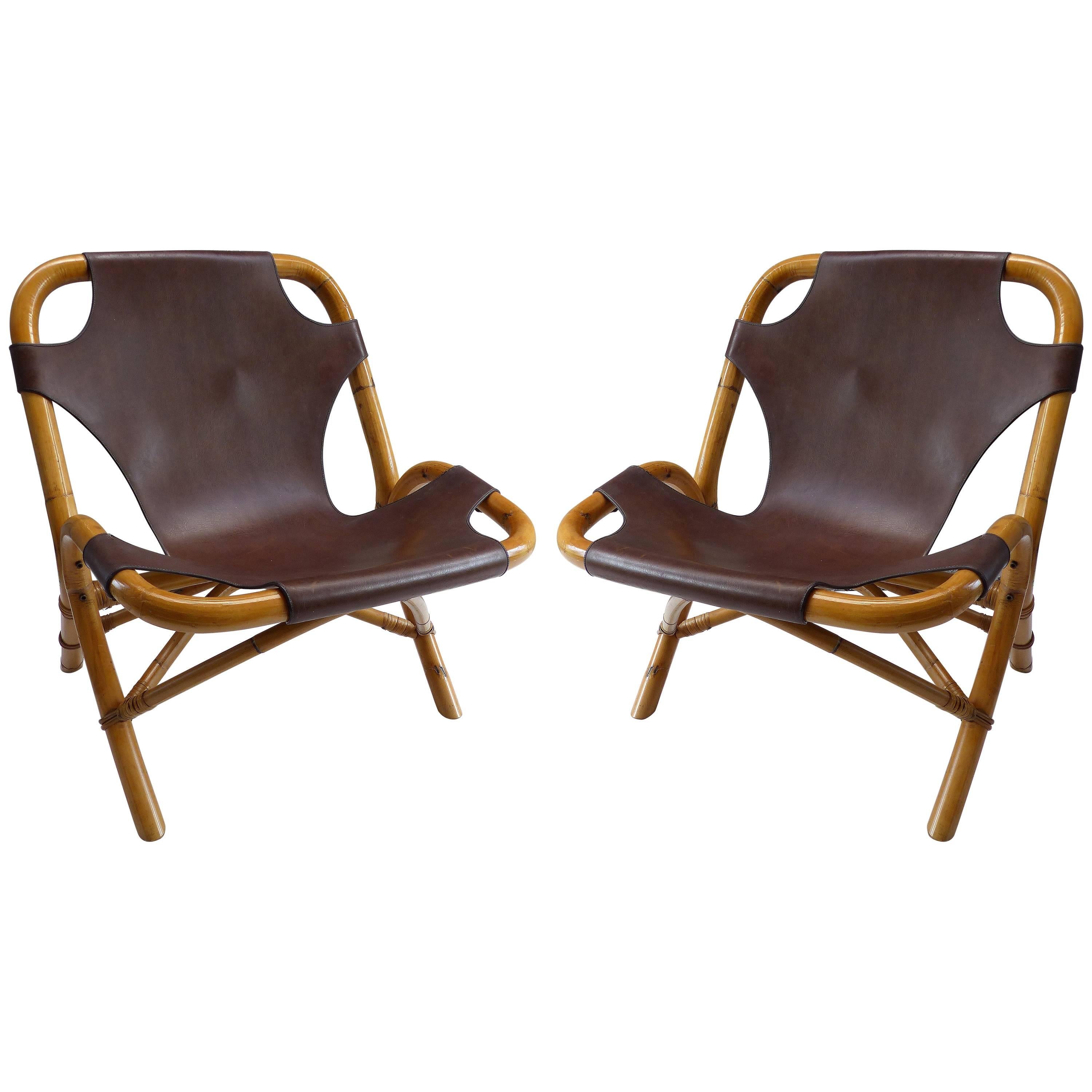 Pair of 1950s Italian Rattan and Leather Chairs by Pierantonio Bonacina