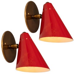 Pair of 1950s Italian Red Cone Sconces in the Manner of Arteluce