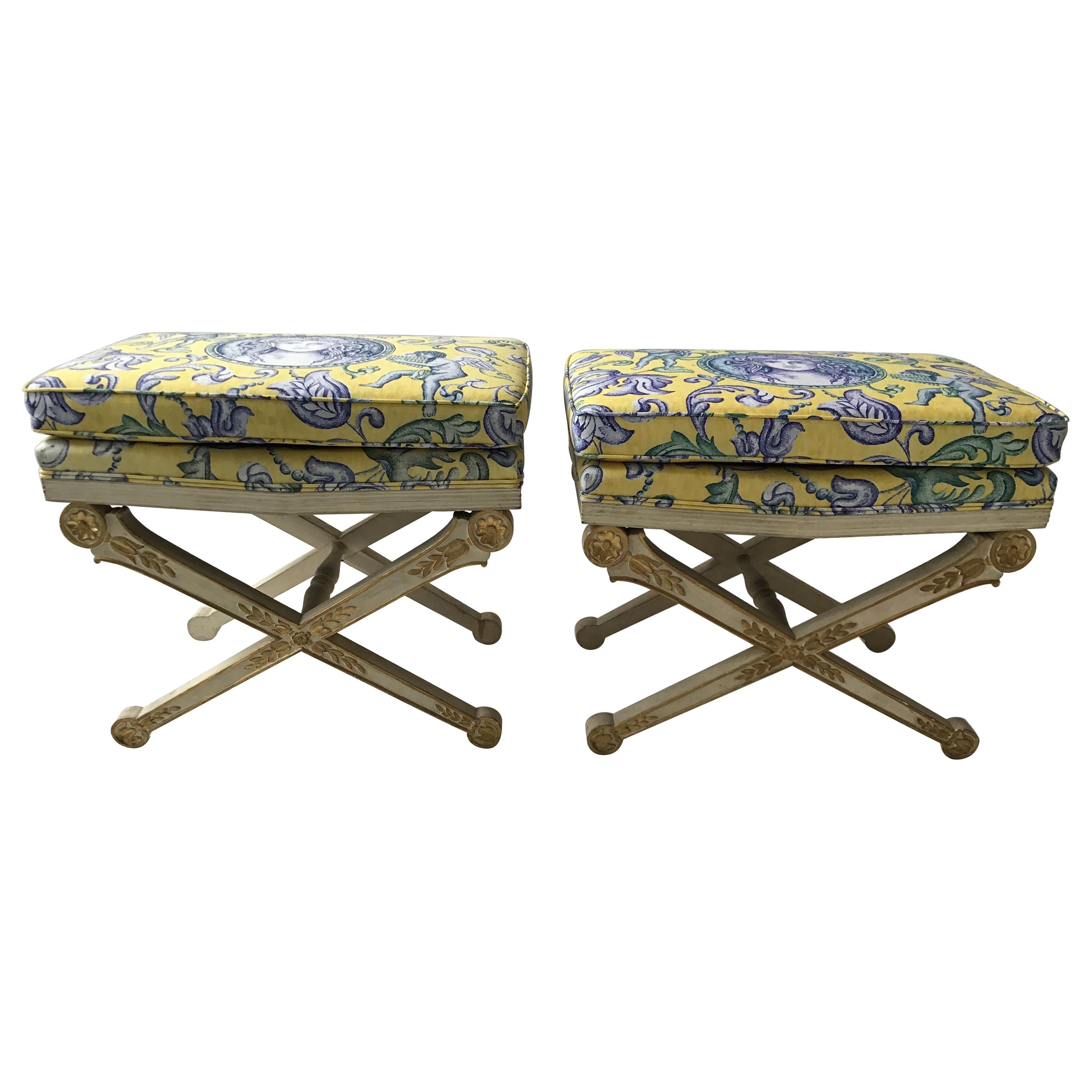 Pair of 1950s Italian Regency Style Painted Wood and Gilt Benches