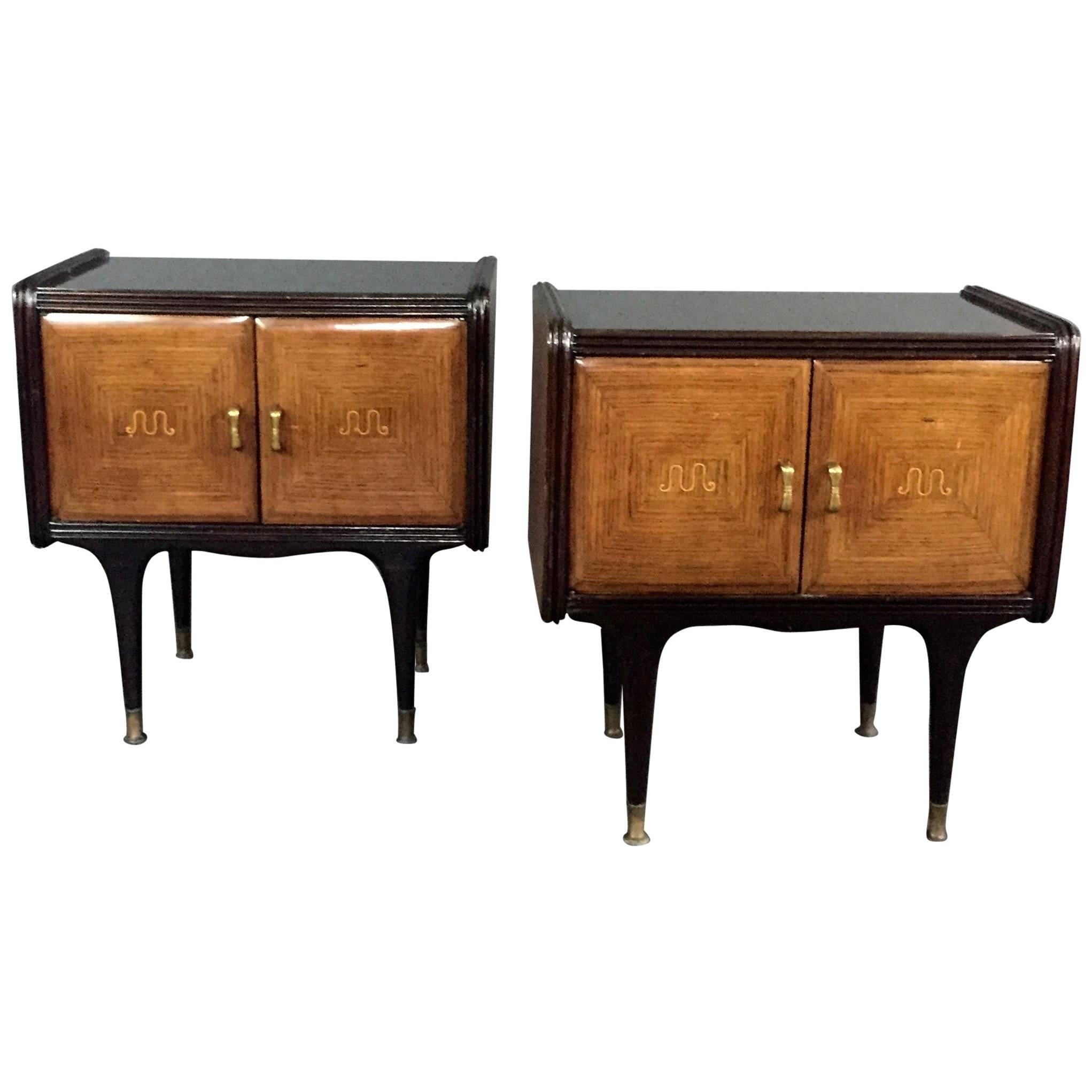 Pair of 1950s Italian Rosewood and Lacquered Nightstands For Sale