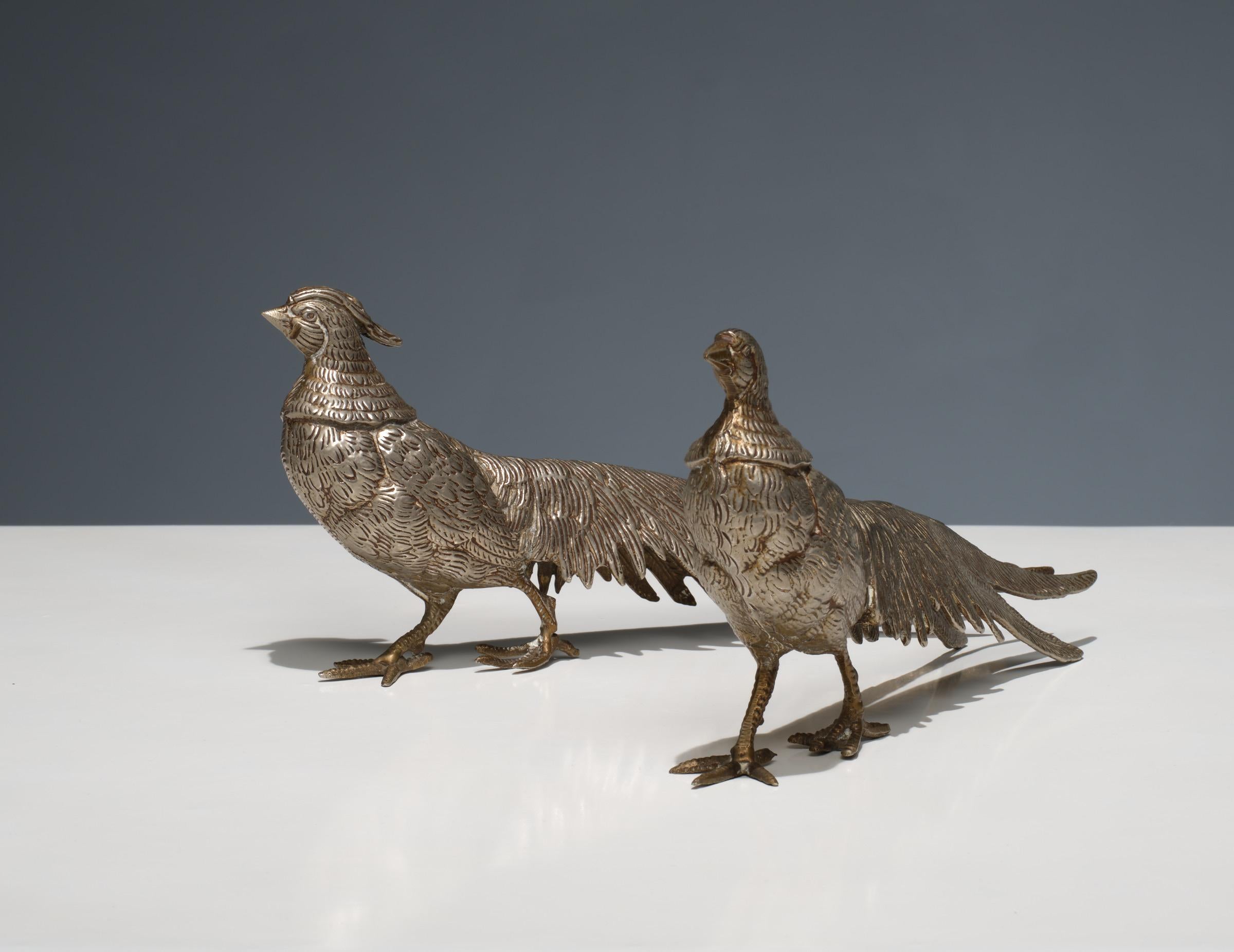 Mid-Century Modern Pair of 1950s Italian Silver Pheasants - Elegant Mid-Century Decor For Sale