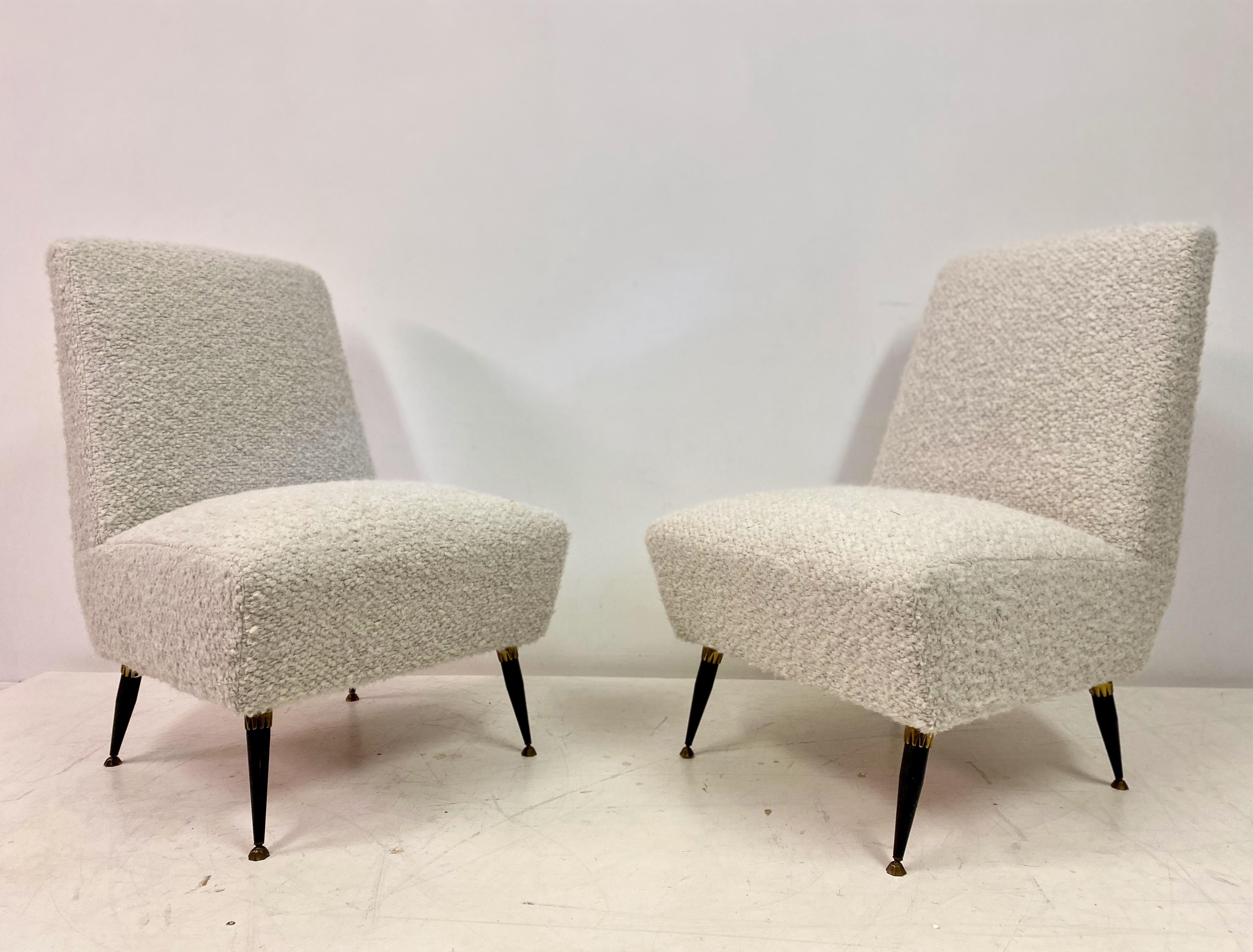 Mid-Century Modern Pair of 1950s Italian Slipper Chairs in Boucle