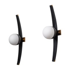 Pair of 1950s Italian Stilnovo Sconces in Brass, Black Lacquered Wood, and steel