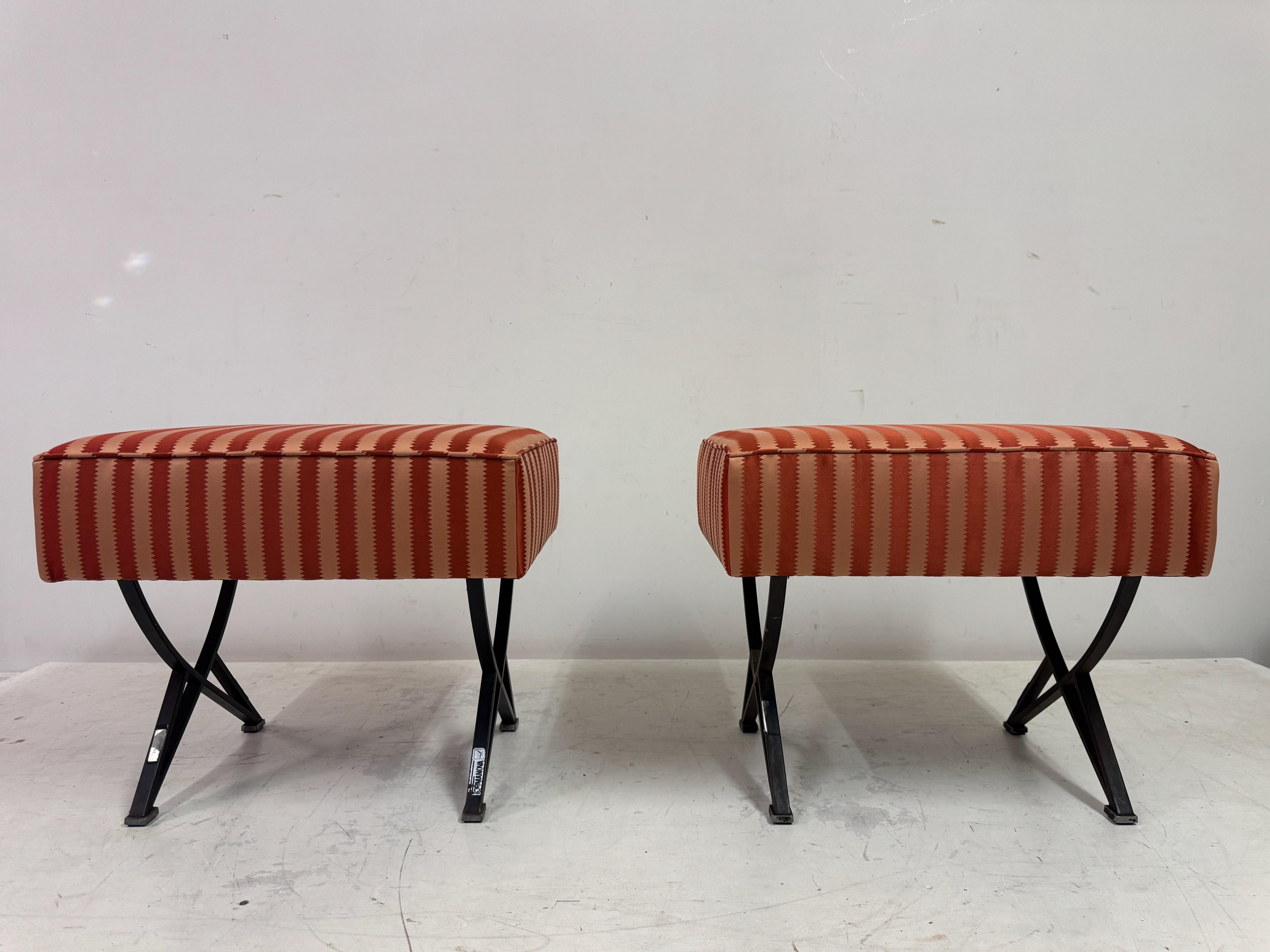 Pair of Stools by Gianni Moscatelli for Formanova

A striking pair of stools designed by Gianni Moscatelli for Formanova, Italy, circa 1950s. Defined by their sculptural, X-shaped black metal legs, these stools embody a refined mid-century aesthetic