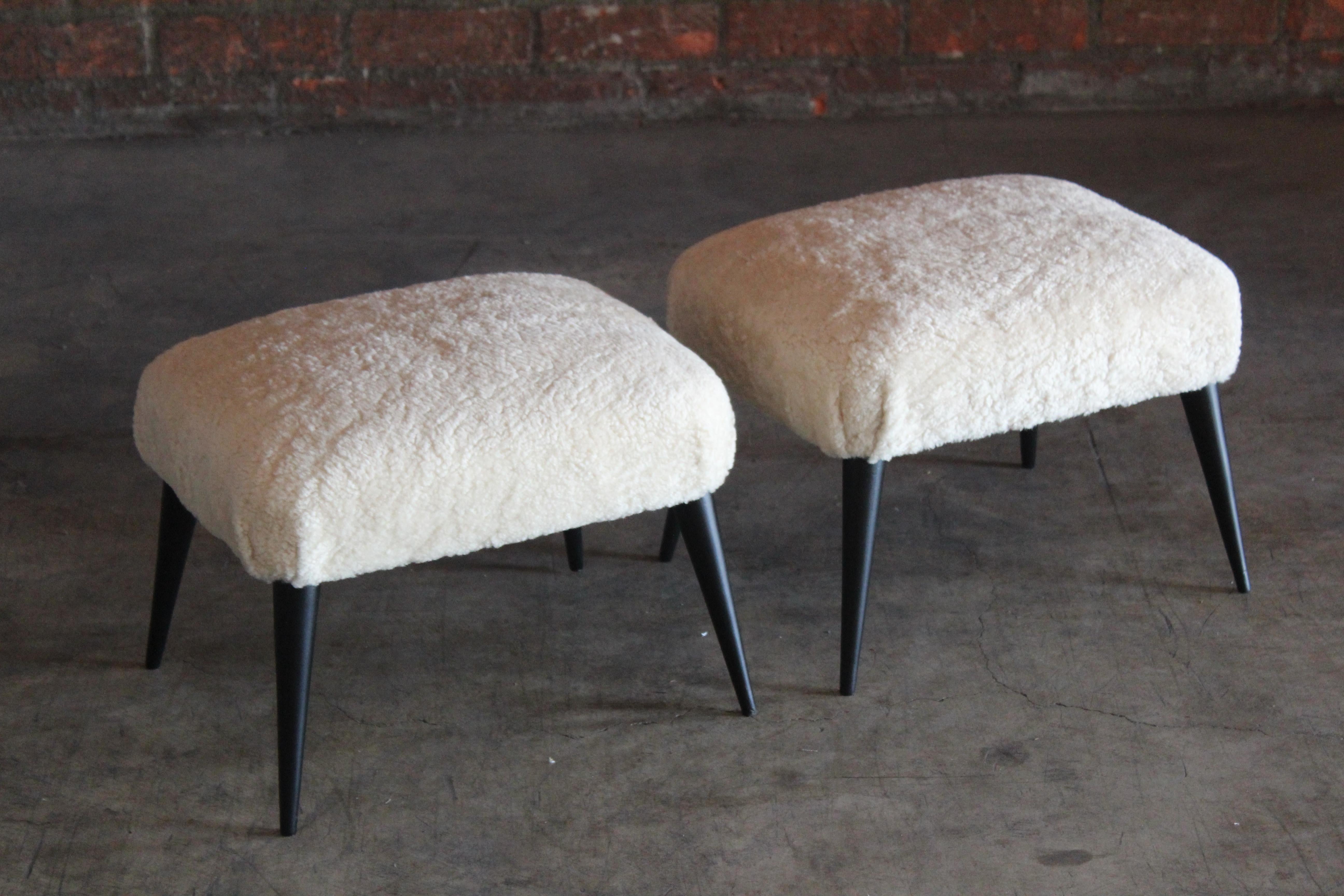 Mid-Century Modern Pair of 1950s Italian Stools in Sheepskin