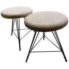 A Pair of 1950s Italian Stools, White Seats, Black Metal Legs and Brass Sabots