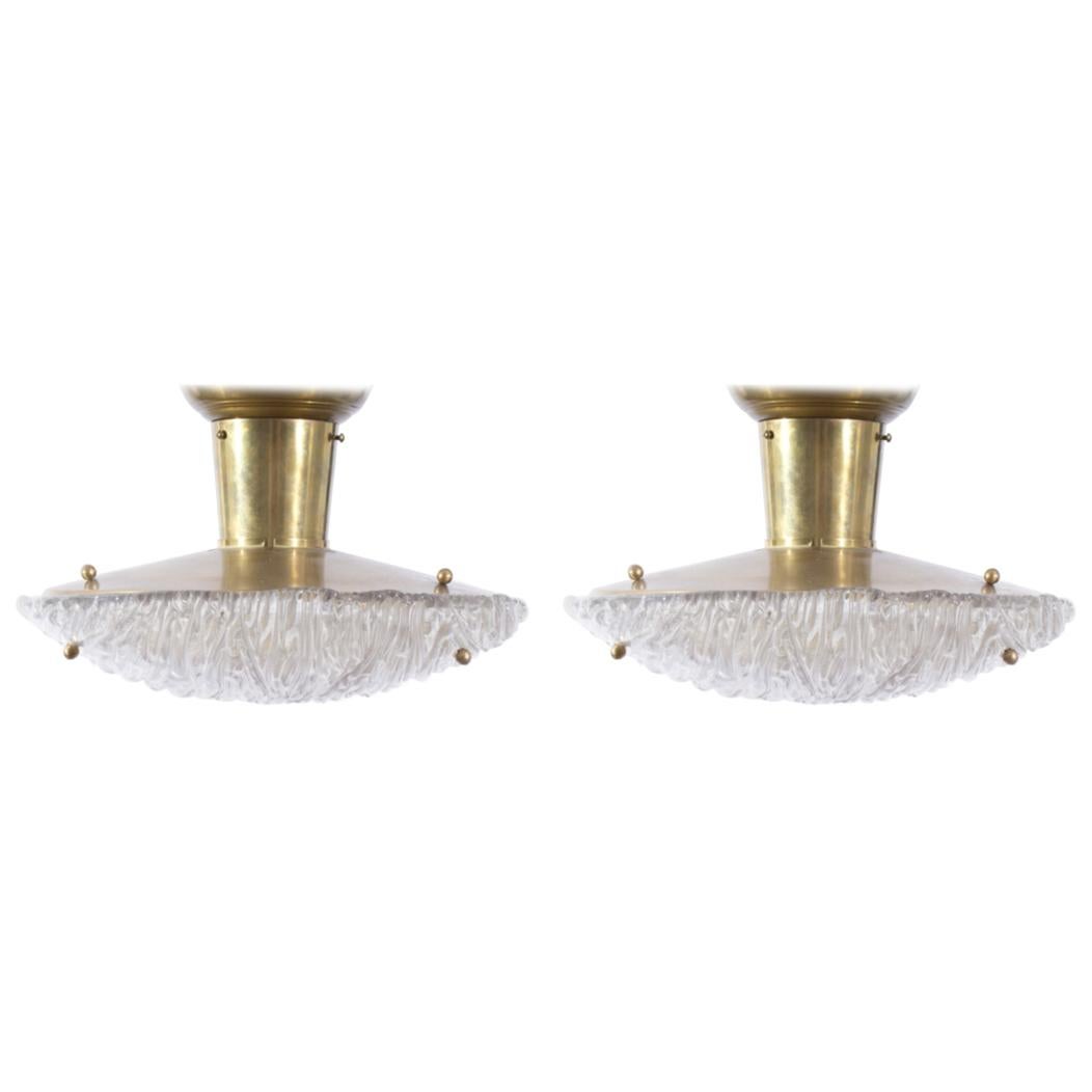 Pair of 1950s Italian Striated Glass and Brass Flush Mount Ceiling Lights