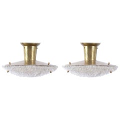 Pair of 1950s Italian Striated Glass and Brass Flush Mount Ceiling Lights