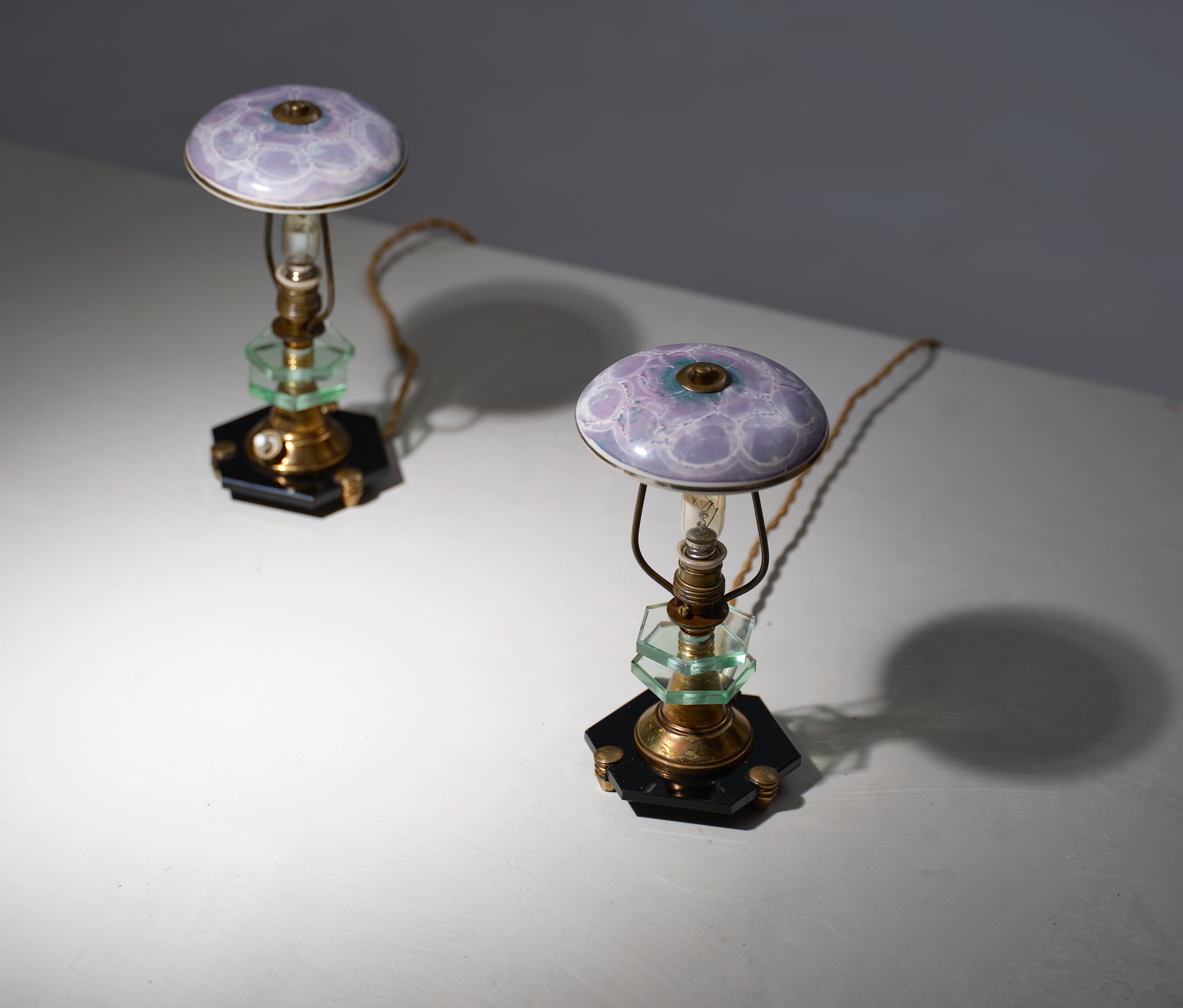Mid-20th Century Pair of 1950s Italian Table Lamps - Brass, Black Glass Base, Ceramic Lampshades For Sale