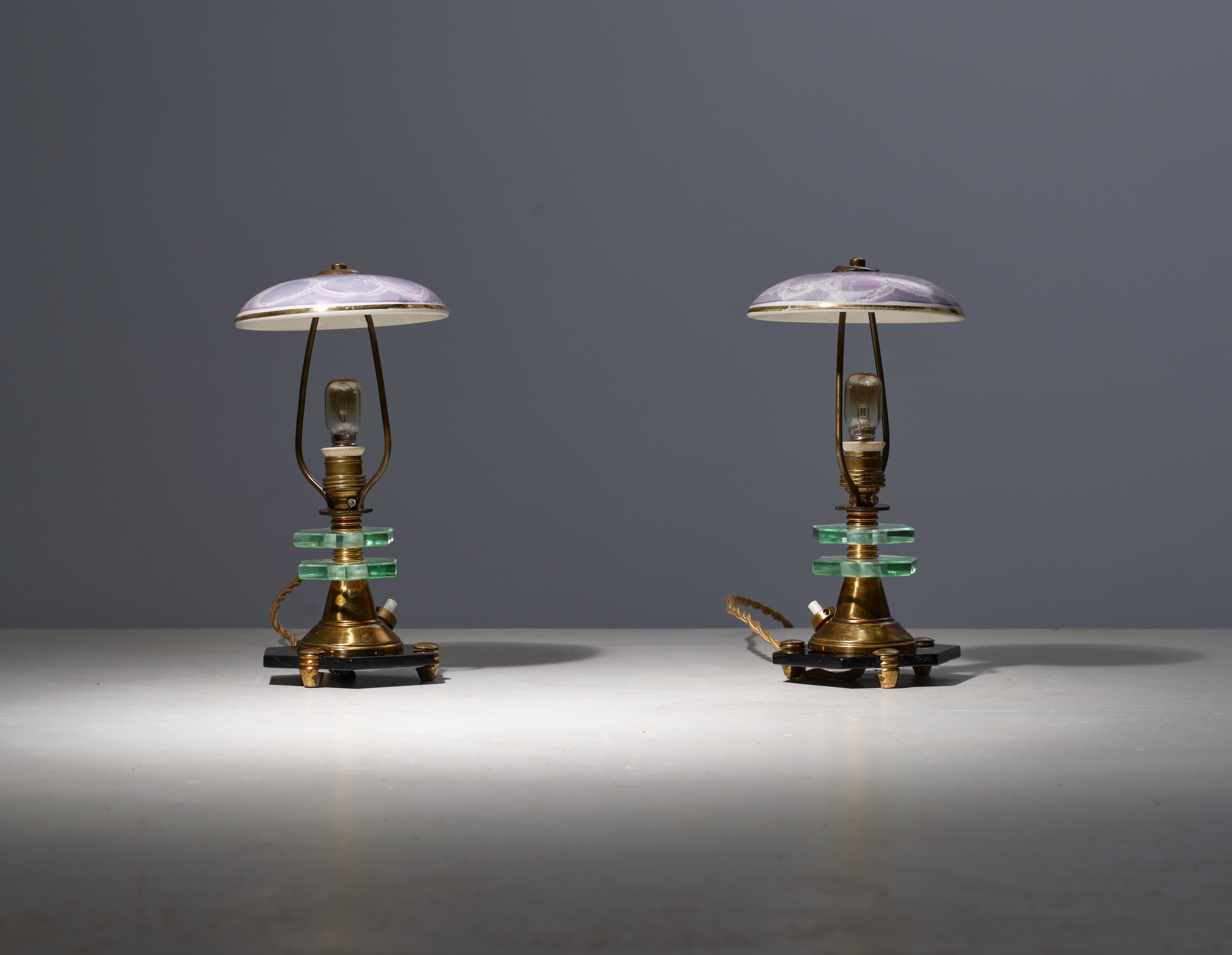 Pair of 1950s Italian Table Lamps - Brass, Black Glass Base, Ceramic Lampshades For Sale 1