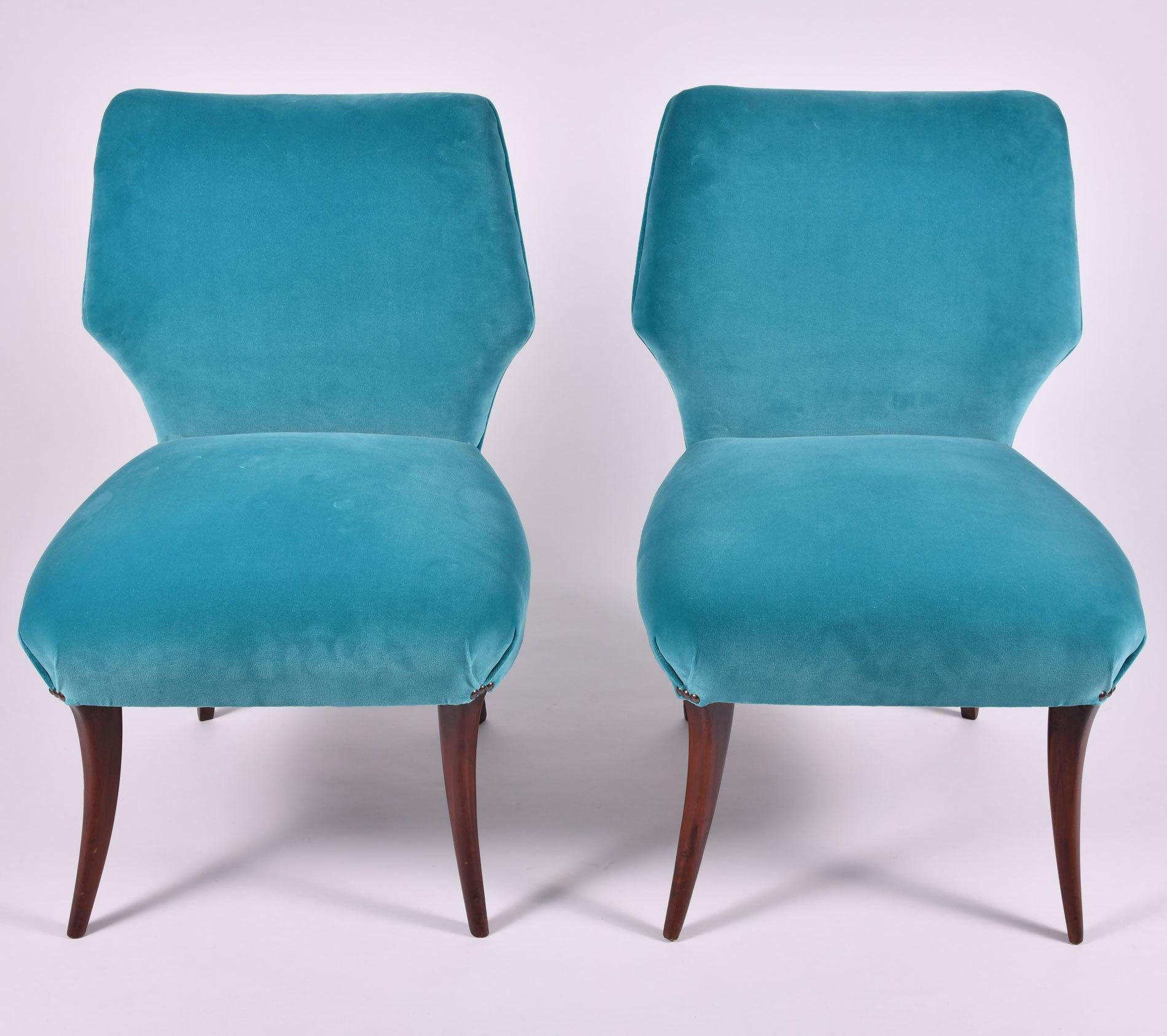 Mid-Century Modern Pair of 1950s Italian Turquoise Occasional Chairs