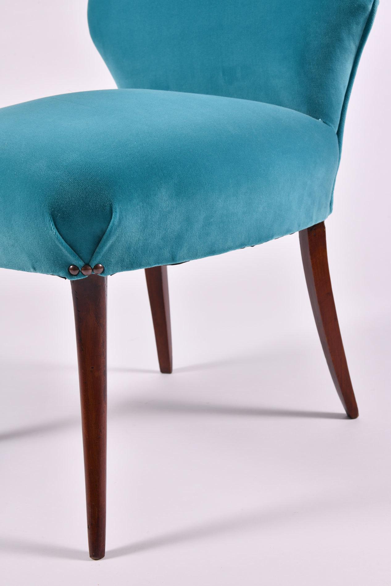 Velvet Pair of 1950s Italian Turquoise Occasional Chairs