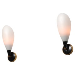 Pair of 1950s Italian Wall Sconces in Black , Brass and Opaline Glass