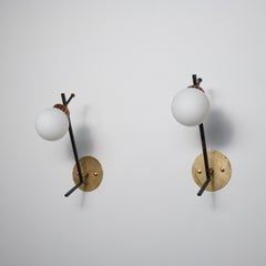 Pair of 1950s Italian Wall Sconces in Black-Lacquered Brass, Bronze and Opaline