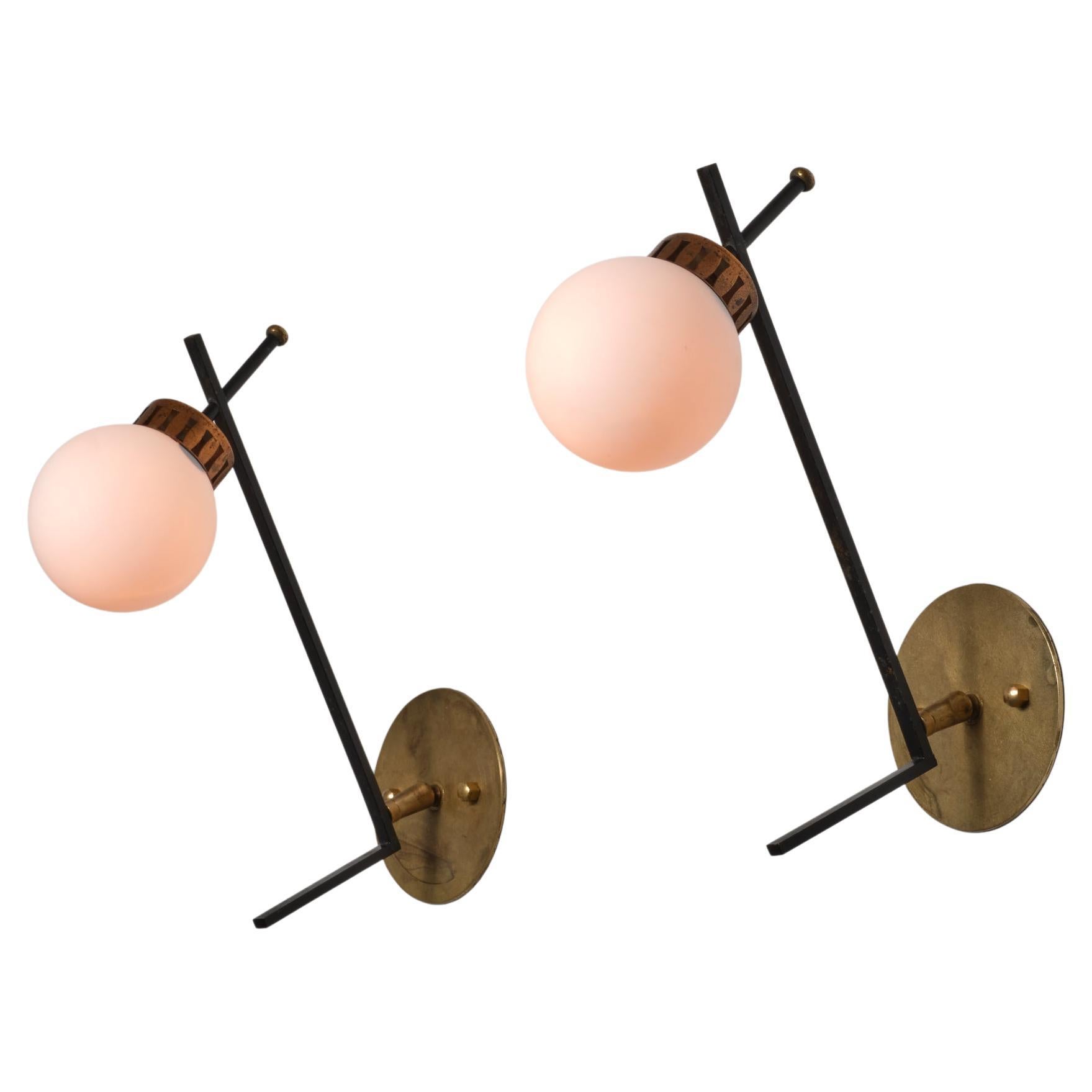 Pair of 1950s Italian Wall Sconces in Black-Lacquered Brass, Bronze and Opaline