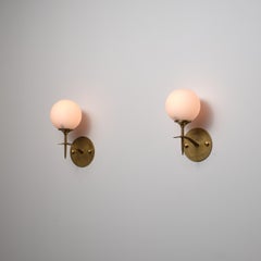 Pair of 1950s Italian Wall Sconces in Brass and Opaline Glass