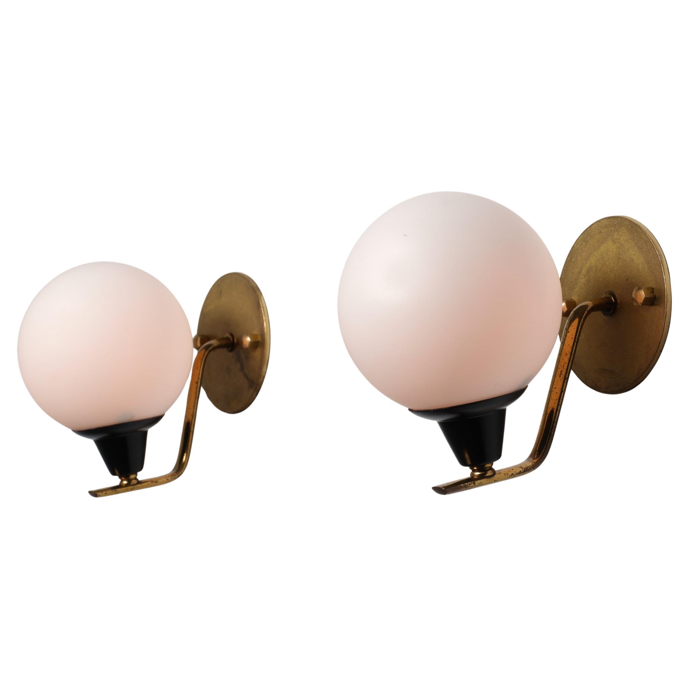 Pair of 1950s Italian Wall Sconces in Brass and Opaline Glass