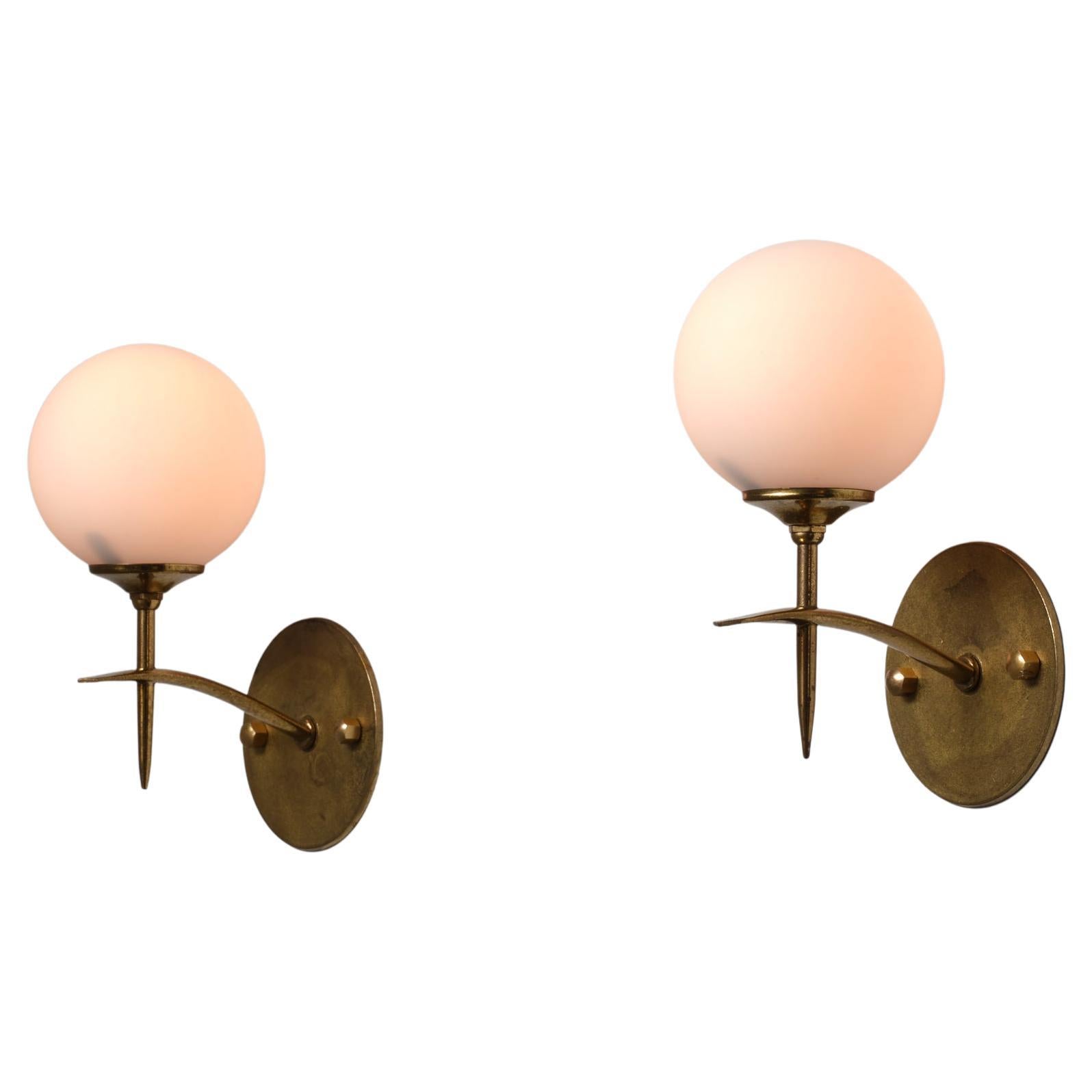 Pair of 1950s Italian Wall Sconces in Brass and Opaline Glass