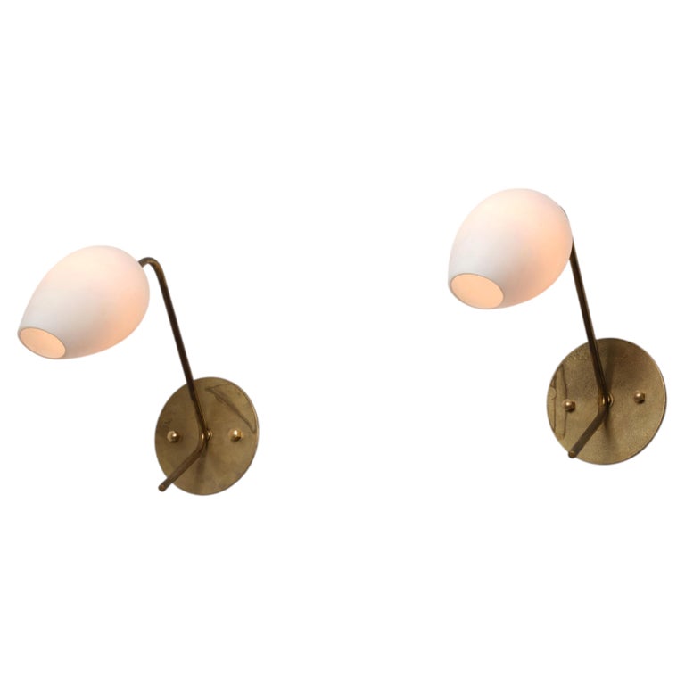 Pair of 1950s Italian Wall Sconces in Brass and Opaline Glass