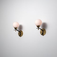 Pair of 1950s Italian Wall Sconces in Brass and Opaline Glass Shade