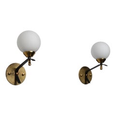 Pair of 1950s Italian Wall Sconces in Brass and Opaline Glass Shade
