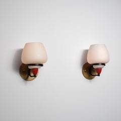 Pair of 1950s Italian Wall Sconces in Brass, Black and Red Lacquer with Opaline