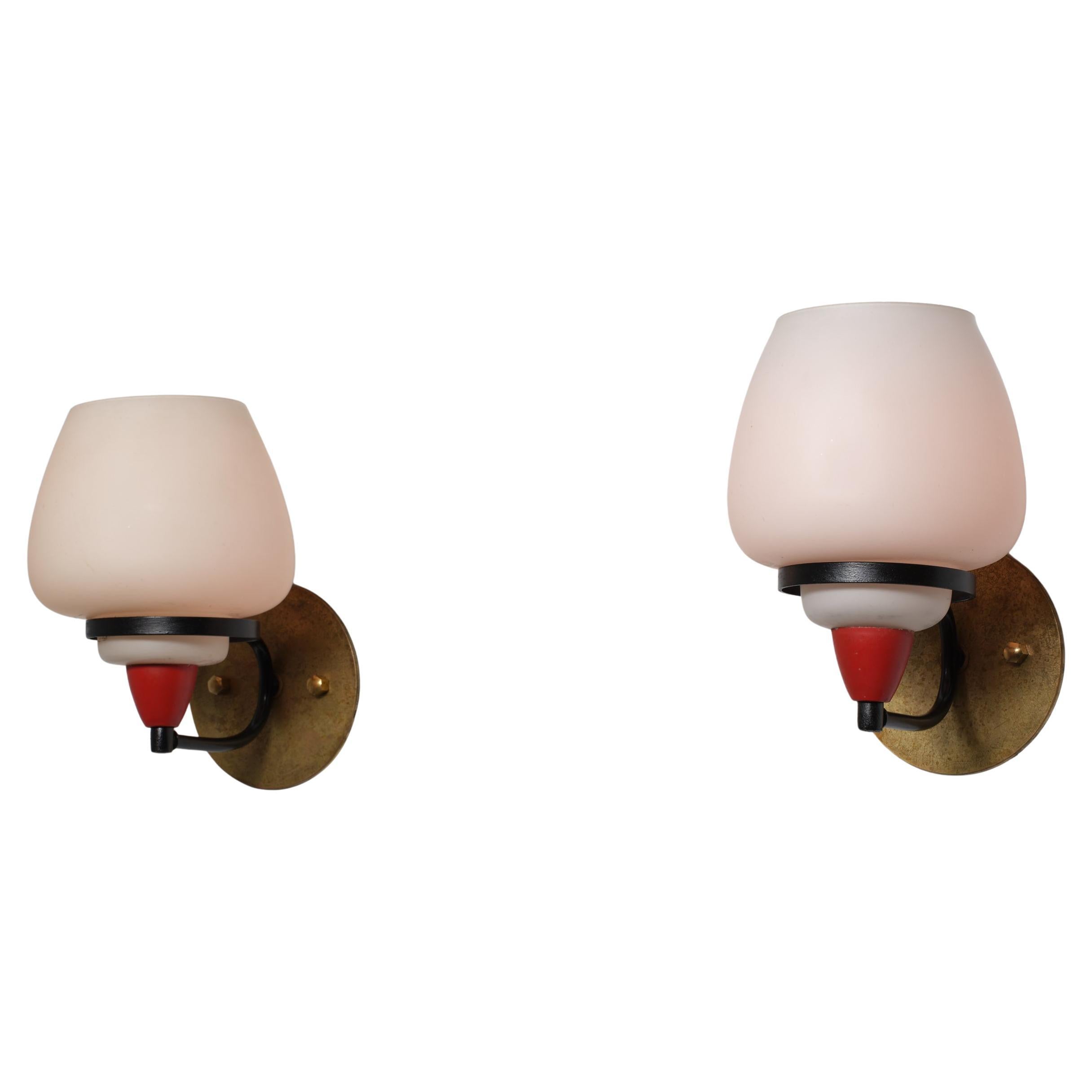 Pair of 1950s Italian Wall Sconces in Brass, Black and Red Lacquer with Opaline