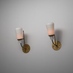 Pair of 1950s Italian Wall Sconces in Brass, Green Lacquered Steel and Opaline G