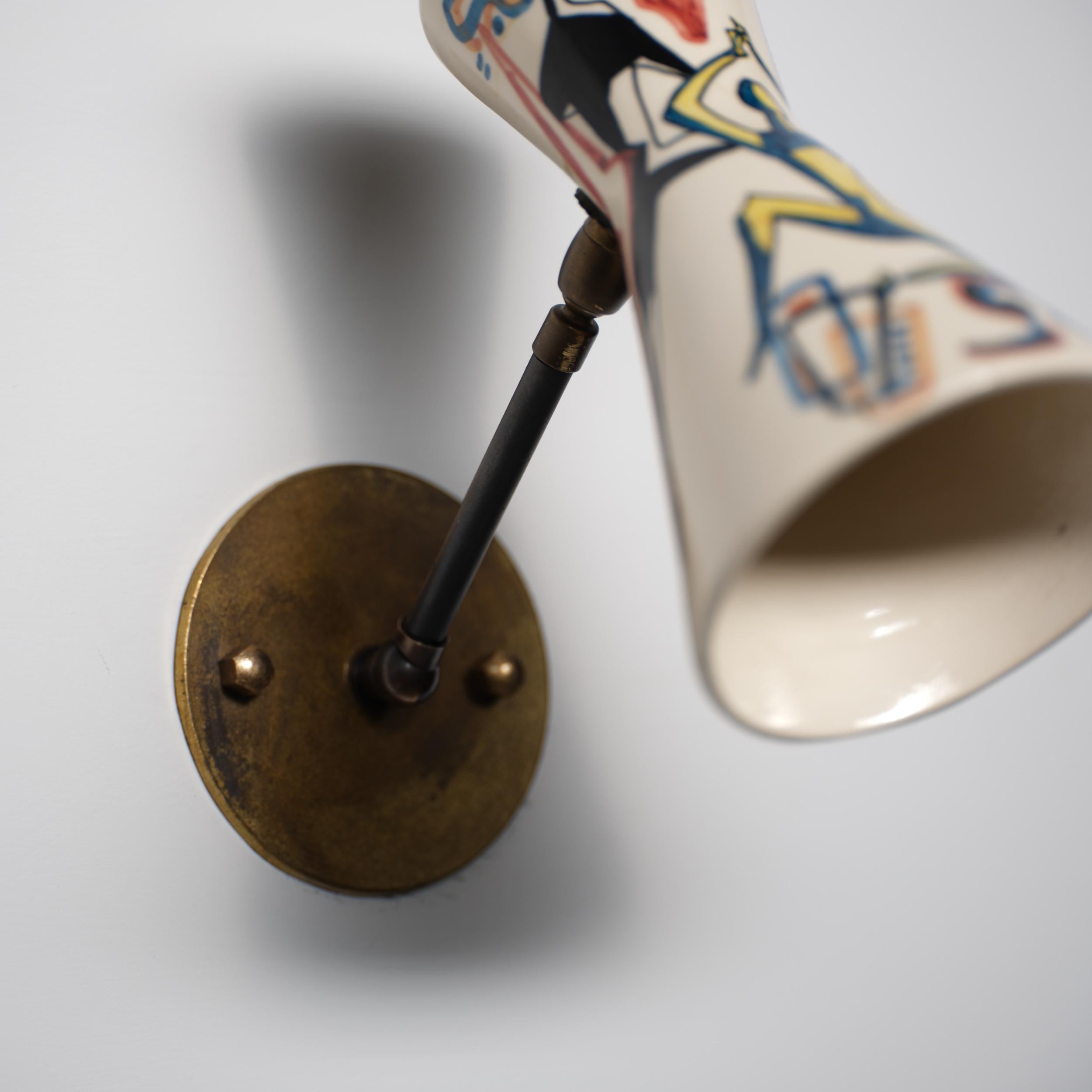 Pareja de apliques italianos de los años 50 con pantallas de cerámica pintada, Amatanti en venta 6