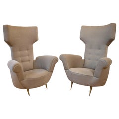 Pair of 1950s Italian Wingback Armchairs in Grey Upholstery