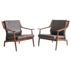 Pair of 1950s Italian Wooden Armchairs with Faux Leather Upholstery