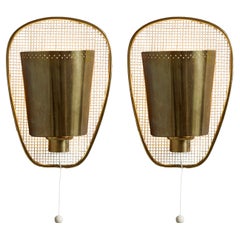 Pair of 1950s Jacques Biny Brass and Perforated Metal Sconces for Luminalite
