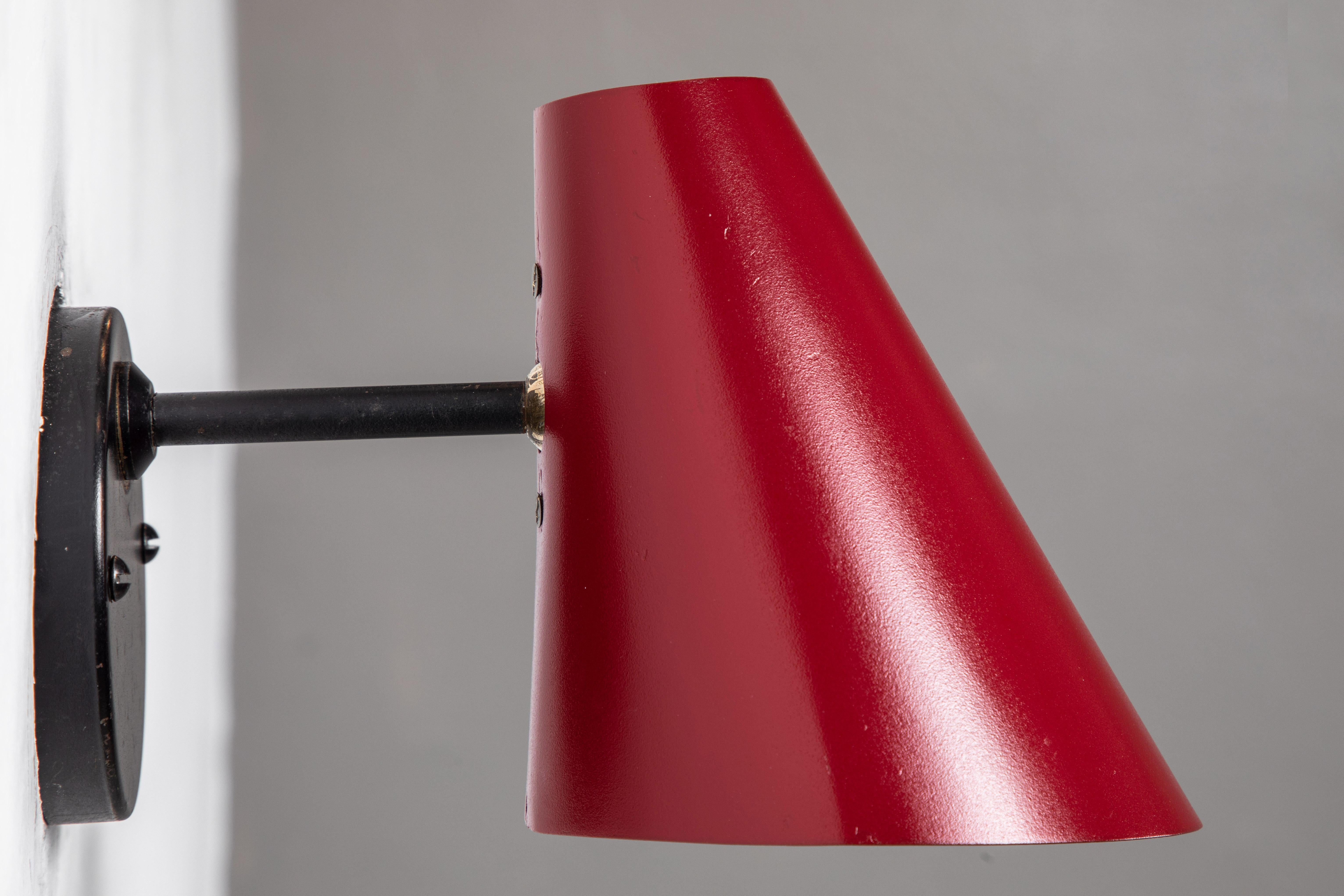 French Pair of 1950s Jacques Biny Red & Black Wall Lights