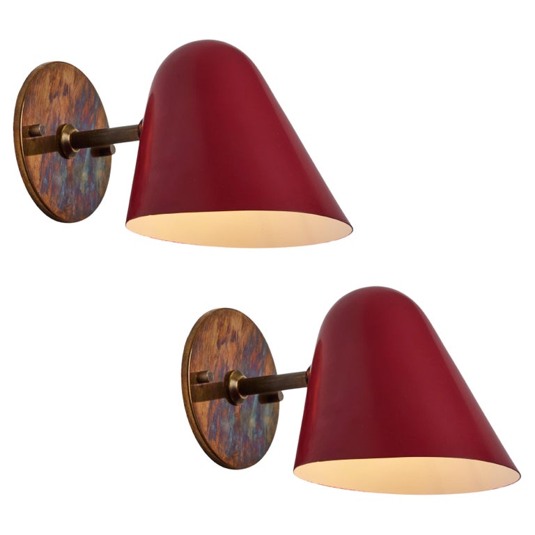Pair of 1950s Jacques Biny Red Metal and Brass Wall Lights For Sale at 1stDibs
