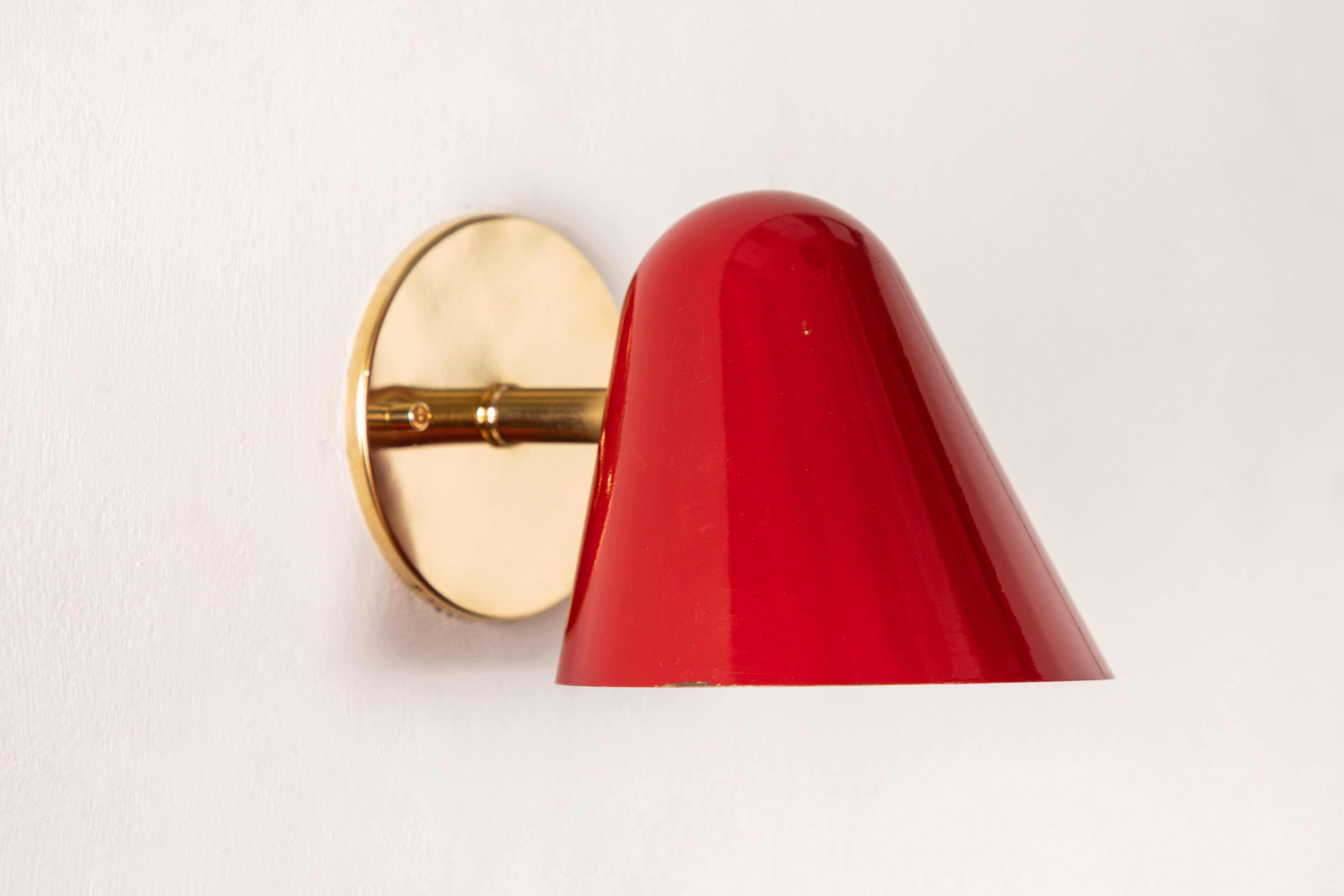 Brass Pair of 1950s Jacques Biny Red Wall Lights