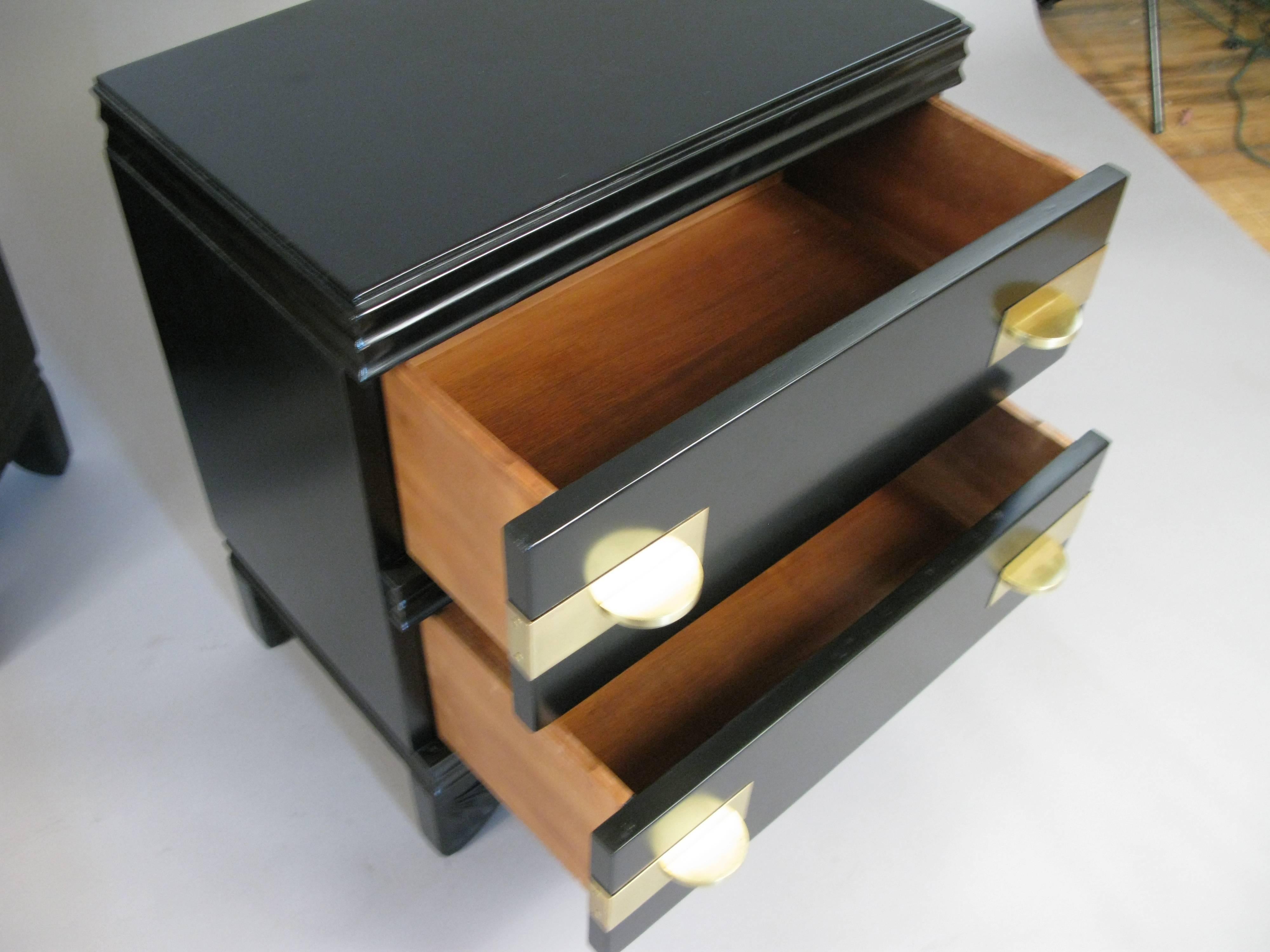 Pair of 1950s Lacquer and Brass Nightstands by John Stuart 1