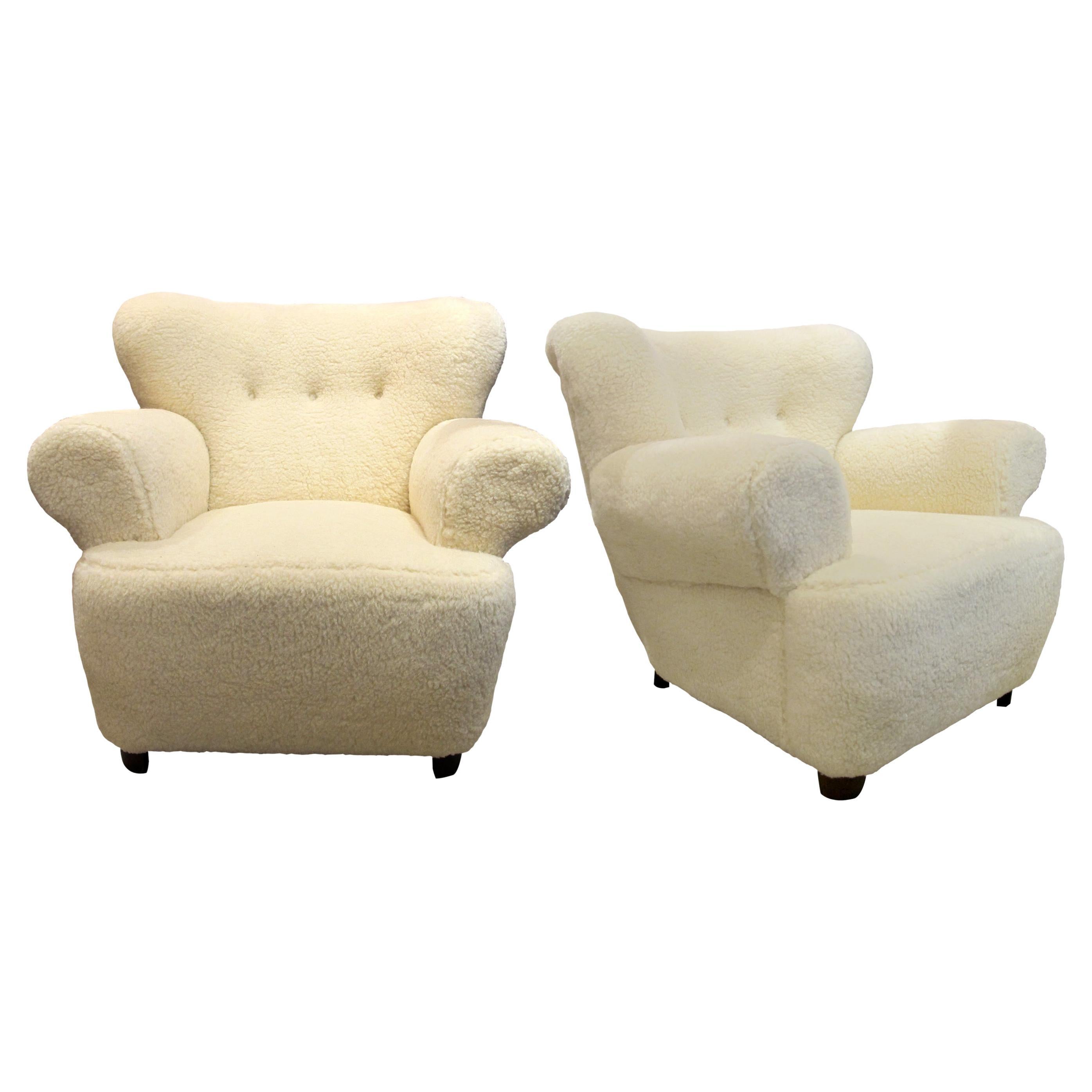 Pair of 1950s Large Swedish Armchairs Newly Upholstered in a Lamb Mix Fabric